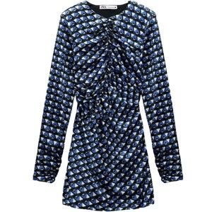 NWT Zara Asymmetrical Mini Dress Size L Modern Long Sleeves Satin Blue Black